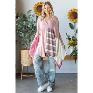 Oli & Hali Washed Mixed Media V Neck Pointed Hem Babydoll Top Pink Oversized Siz